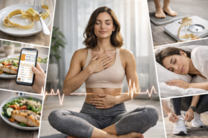 Moderne Frau sitzt entspannt im Schneidersitz und legt eine Hand auf Herz und Bauch – Symbol für auf den eigenen Körper hören statt Kalorien zu zählen. Um sie herum kleine Szenen mit gesundem Essen, Schlaf und Bewegung als Teil eines ganzheitlichen Ansatzes zum Abnehmen ohne Diät.
