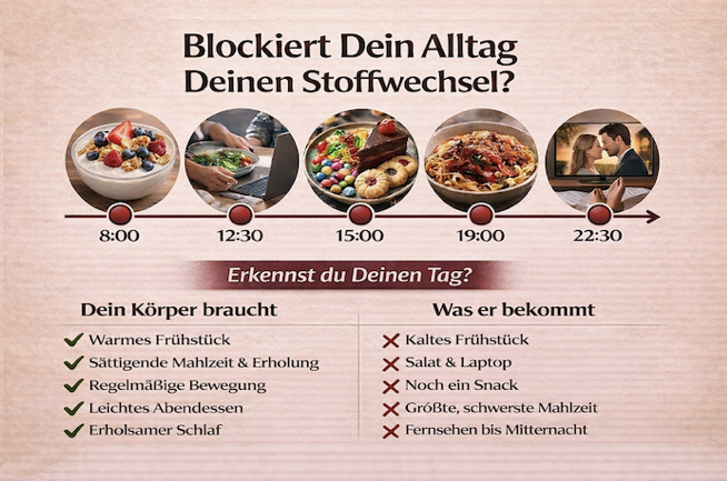Infografik mit dem Titel „Blockiert Dein Alltag Deinen Stoffwechsel? Über tägliche Gewohnheiten und Stoffwechsel mit Zeitleiste (8:00–22:30) und Vergleich: gesunde Routinen vs. typische Alltagsgewohnheiten.
