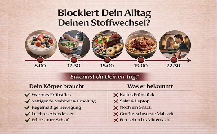 Infografik mit dem Titel „Blockiert Dein Alltag Deinen Stoffwechsel? Über tägliche Gewohnheiten und Stoffwechsel mit Zeitleiste (8:00–22:30) und Vergleich: gesunde Routinen vs. typische Alltagsgewohnheiten.
