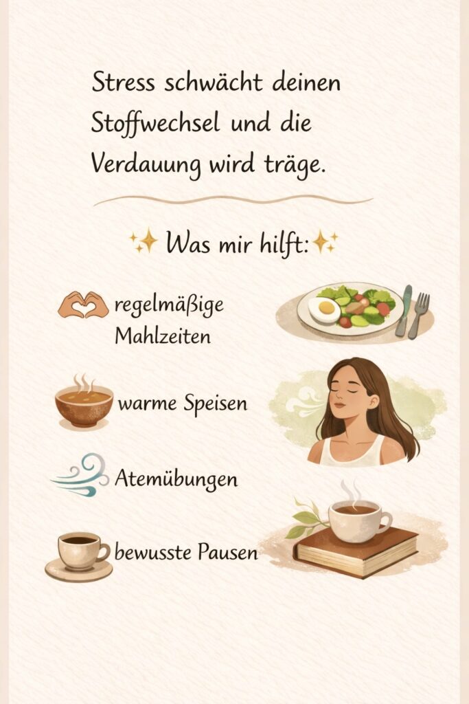 Illustration mit dem Text: „Stress schwächt deinen Stoffwechsel und die Verdauung wird träge.“ Darunter steht „Was mir hilft:“ mit vier Punkten: regelmäßige Mahlzeiten, warme Speisen, Atemübungen und bewusste Pausen. Neben den Punkten sind passende Illustrationen zu sehen, darunter ein Teller mit Essen, eine Schüssel Suppe, eine Frau bei einer Atemübung und eine Tasse Tee auf einem Buch.