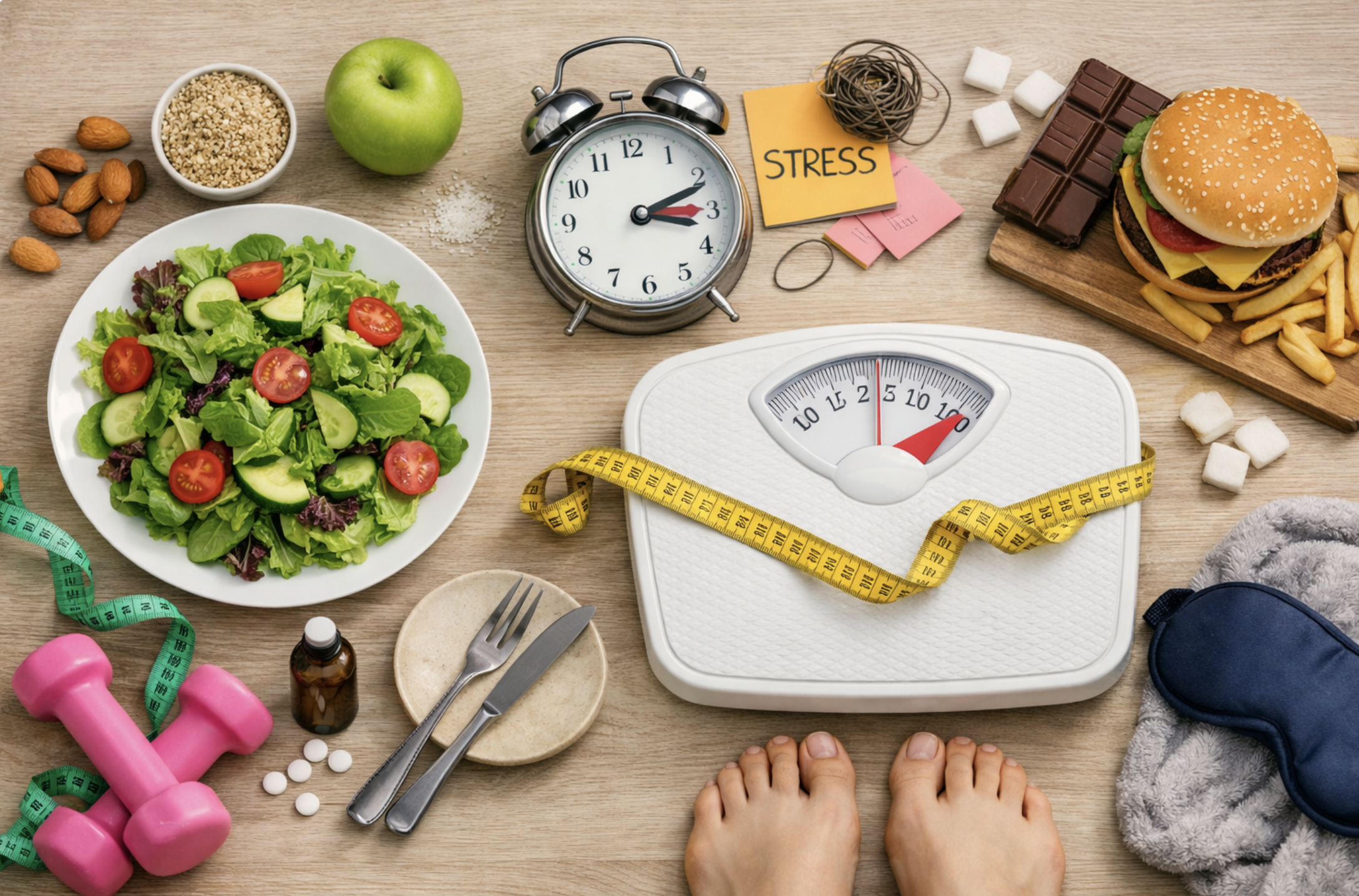 Warum nehme ich trotz gesunder Ernährung nicht ab? Links gesunde Lebensmittel wie Salat, Quinoa, Apfel und Mandeln neben Hanteln und Maßband, in der Mitte eine Personenwaage mit Füßen darauf und ein Wecker, rechts Burger, Pommes und Schokolade sowie Hinweise auf Stress und Schlaf – symbolisiert die verschiedenen Einflussfaktoren auf das Körpergewicht.
