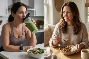 Frau über 40 trinkt links einen grünen Smoothie, rechts isst sie eine warme Mahlzeit – zwei unterschiedliche Ansätze beim Abnehmen ab 40. Lebensfeuer Coaching