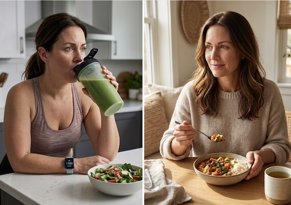 Frau über 40 trinkt links einen grünen Smoothie, rechts isst sie eine warme Mahlzeit – zwei unterschiedliche Ansätze beim Abnehmen ab 40. Lebensfeuer Coaching