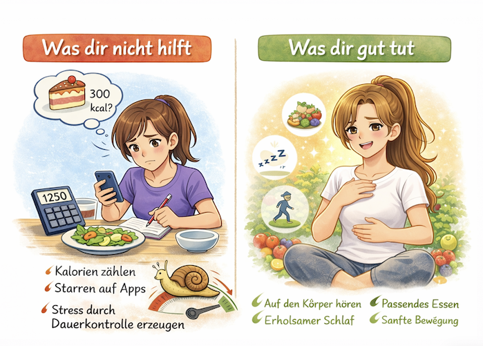 Illustration von zwei Frauen: links gestresst durch Kalorienzählen und Kontrolle, rechts entspannt und im Einklang mit dem Körper – zeigt Einfluss von Stress auf den Stoffwechsel. lebensfeuer-coaching.de