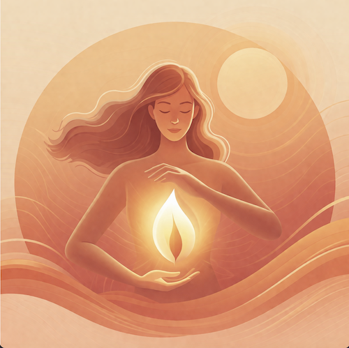 balance-check-teaser-ayurveda-warme-farben Minimalistische Illustration einer entspannten Frau mit geschlossenen Augen, die ein warm leuchtendes Licht in ihrem Bauchbereich hält, in sanften Orange- und Beigetönen, symbolisch für innere Balance, Stoffwechsel und weibliches Wohlbefinden. - lebensfeuer-coaching.de