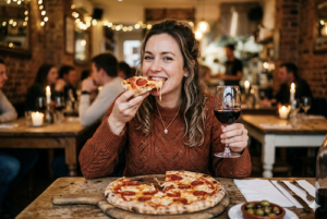 Frau sitzt in einem gemütlichen Restaurant, isst ein Stück Pizza und hält ein Glas Rotwein, im Hintergrund warme Beleuchtung und Gäste. - lebensfeuer-coaching.de