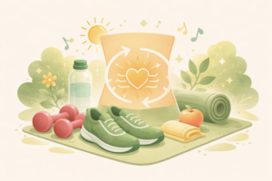 Sanfte Illustration mit Sportschuhen, Yogamatte, Hanteln und Natur-Elementen, die ausgewogene Bewegung, Leichtigkeit und einen entspannten Stoffwechsel symbolisiert. lebensfeuer-coaching.de