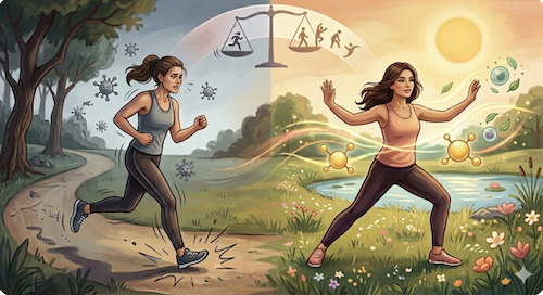 Illustration einer Frau, die links erschöpft durch eine krankheitsbelastete Umgebung joggt und rechts entspannt Yoga in einer sonnigen, gesunden Natur ausübt – symbolisiert den Unterschied zwischen Stress und Balance - lebensfeuer-coaching.de