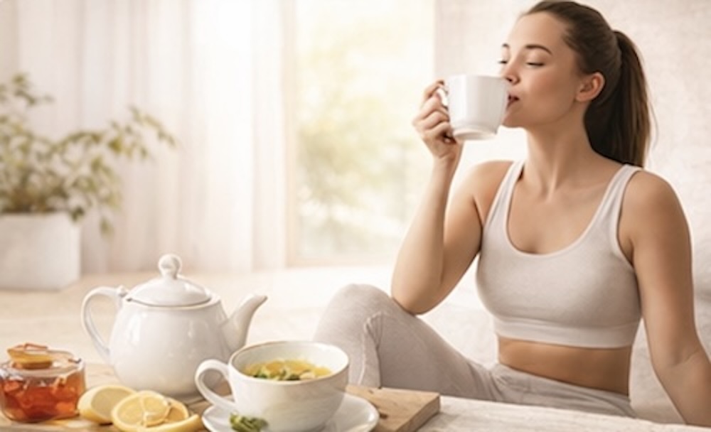 Junge Frau sitzt entspannt am Tisch und trinkt Tee, neben ihr stehen eine Teekanne, eine Schüssel Suppe und frische Zitronen – Symbol für gesunde Ernährung und Wohlbefinden. - lebensfeuer-coaching.de