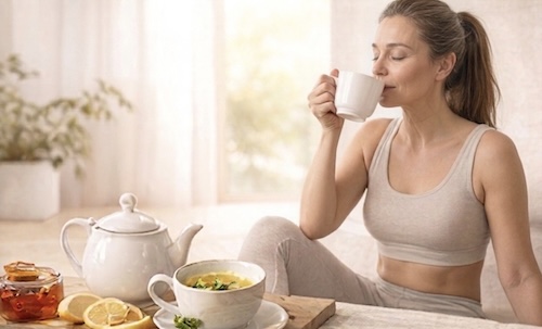Junge Frau sitzt entspannt am Tisch und trinkt Tee, neben ihr stehen eine Teekanne, eine Schüssel Suppe und frische Zitronen – Symbol für gesunde Ernährung und Wohlbefinden. - lebensfeuer-coaching.de