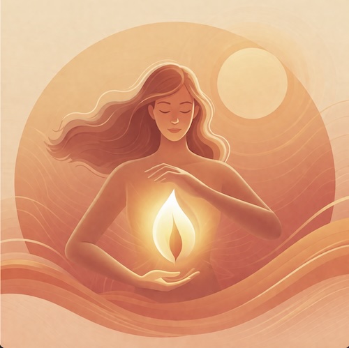 Screenshot Minimalistische Illustration einer entspannten Frau mit geschlossenen Augen, die ein warm leuchtendes Licht in ihrem Bauchbereich hält, in sanften Orange- und Beigetönen, symbolisch für innere Balance, Stoffwechsel und weibliches Wohlbefinden. - lebensfeuer-coaching.de