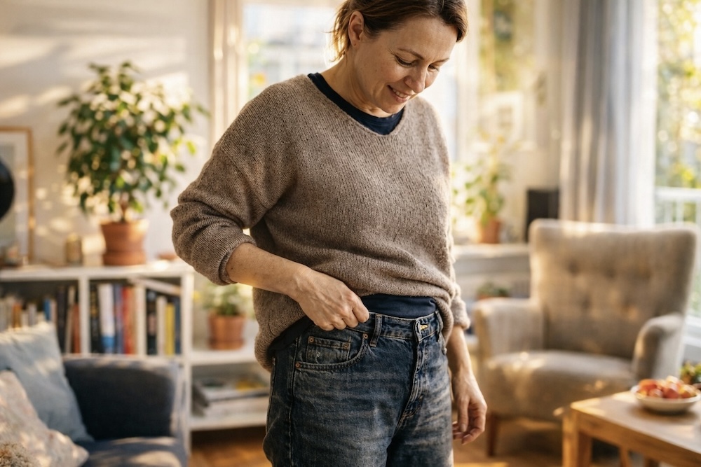 Frau prüft lockere Jeans nach Gewichtsverlust, entspannt zu Hause im hellen Wohnzimmer - lebensfeuer-coaching.de