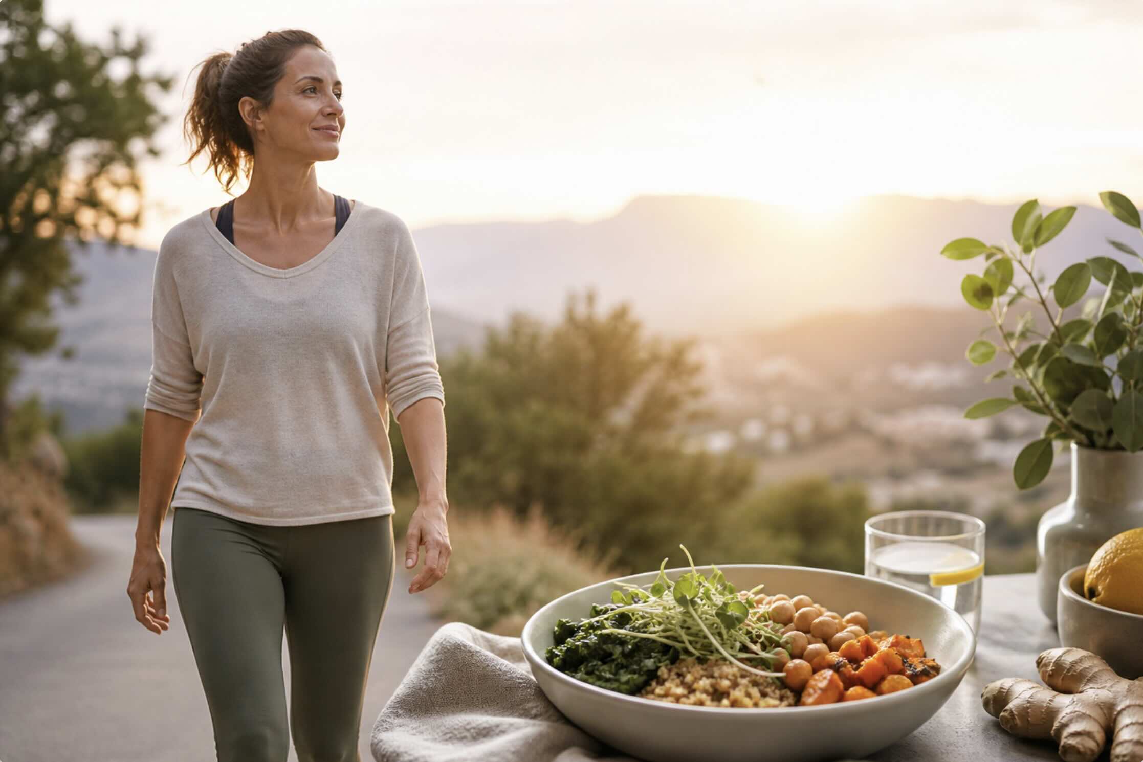 Frau mittleren Alters beim Spaziergang mit gesunder Mahlzeit als Symbol für Abnehmen ohne Sport durch Ernährung und Stoffwechselbalance - lebensfeuer-coaching.de