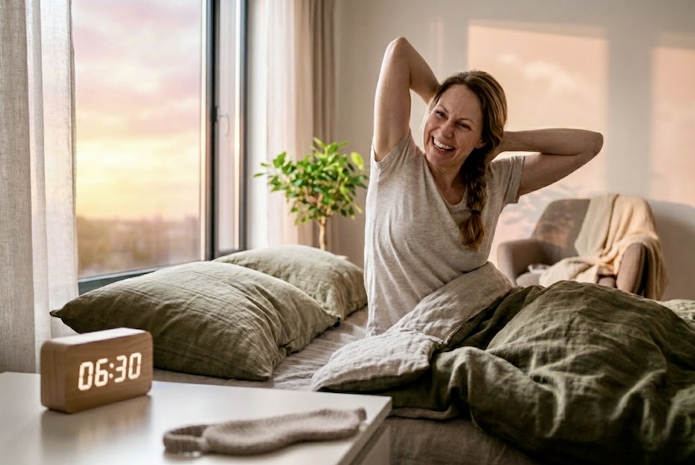 Ausgeruhte Frau startet entspannt in den Tag und streckt sich morgens im Bett - lebensfeuer-coaching.de